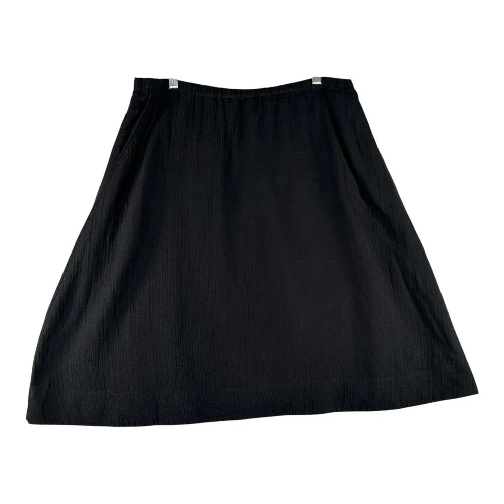 Eileen Fisher Black Organic Cotton Skirt Womens Large Lined Elastic Waist Pocket